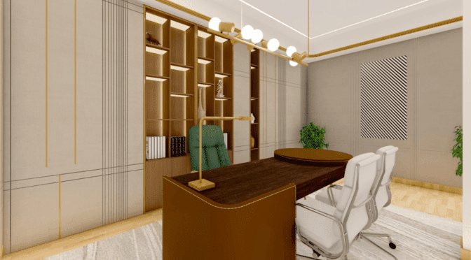 Luxurious office workspace in Stratford featuring a modern desk, elegant shelving, and ambient lighting by Oraanj Interior Design.
