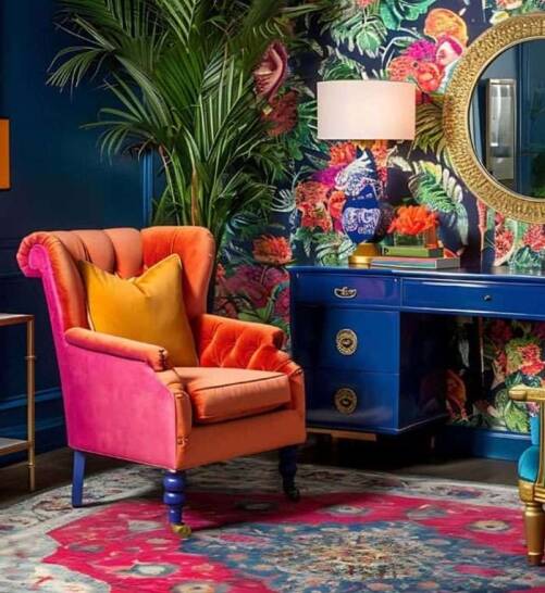 Bold and eclectic interior in Greenwich with a vibrant armchair, floral wallpaper, and a striking blue desk by Oraanj Interior Design. Bold and eclectic interior in Greenwich with a vibrant armchair, floral wallpaper, and a striking blue desk by Oraanj Interior Design.