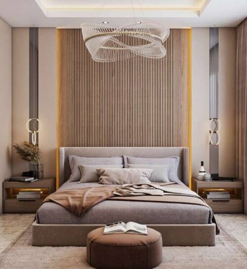 Bedroom Interior Design Kingston upon Thames | Oraanj Interiors Luxury bedroom interior design in Kingston upon Thames with upholstered bed, feature wall panelling and statement ceiling light