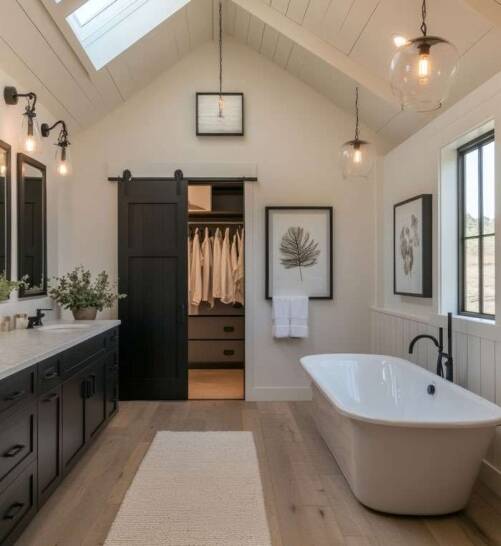 Modern bathroom interior design with pendant lights Modern bathroom interior design with pendant lighting, freestanding bathtub and black vanity