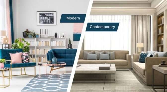 Split image showing modern interior design with bold colors and minimalist furniture on the left, and contemporary interior design with neutral tones and soft, elegant decor on the right.