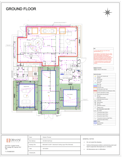 Ground floor electrical & ceiling lighting plan drawing Ground floor electrical and ceiling lighting layout plan (AutoCAD drawing) showing wiring routes, switches and lighting points