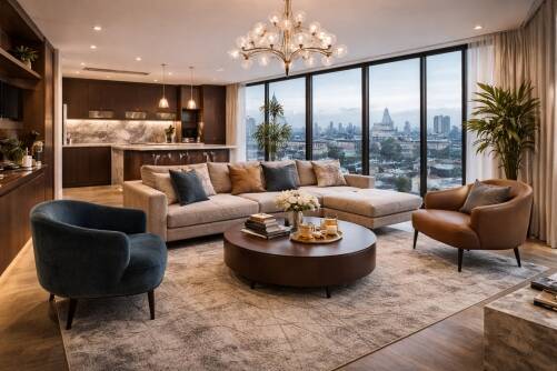 A warm and inviting sitting room featuring a spacious sectional sofa, soft neutral cushions, accent chairs, and round ottomans, styled with layered lighting and natural textures to create a comfortable yet elegant living space.