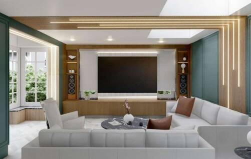 3D interior render for house interior design in London showing a modern home cinema room with media wall, architectural lighting and bespoke finishes by Oraanj Interior Design.