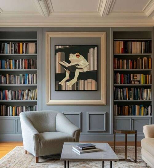 Elegant home library in Nottingham with built-in bookshelves, a cosy armchair, and unique framed artwork, designed by Oraanj Interior Design. Elegant home library in Nottingham with built-in bookshelves, a cosy armchair, and unique framed artwork, designed by Oraanj Interior Design.