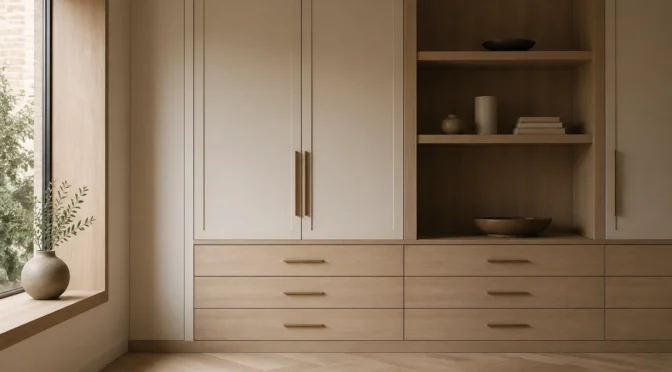 Minimalist room with bespoke wooden cabinetry, built-in drawers, and open shelving beside a large window with natural light.