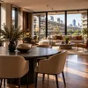 Open plan residential living and dining interior design in a Barbican Estate flat by Oraanj