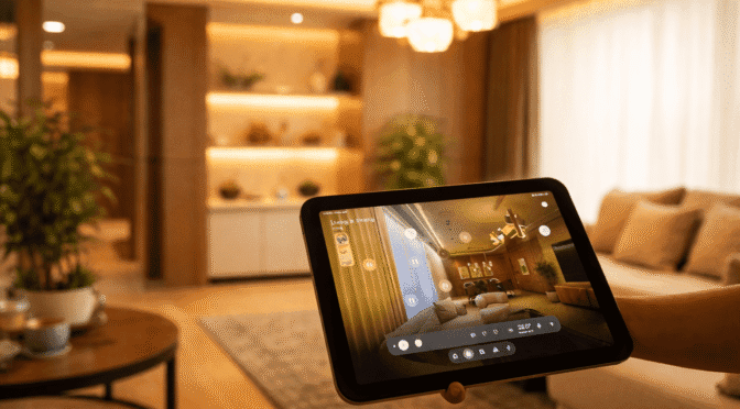 Tablet displaying smart home controls in a modern living room with warm lighting and contemporary interior design
