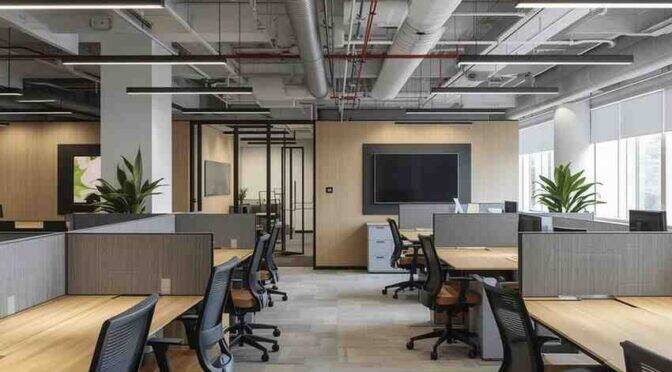 Modern London office interiors with ergonomic furniture, open layouts, and natural lighting designed to enhance productivity.