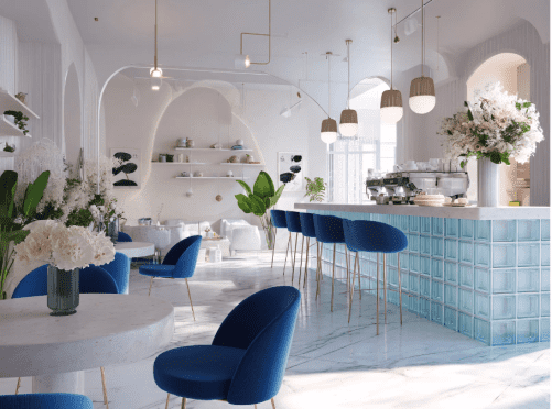 Lighting design in London for a bright café interior with feature bar, pendant lighting, and layered ambience