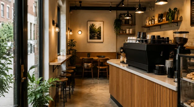 Modern small coffee shop interior with wooden counter, pendant lighting, bar seating, plants, and a warm minimalist café design in London.This small coffee shop interior showcases how compact London cafés can maximise both functionality and atmosphere through thoughtful design. The space features a streamlined counter layout, warm ambient lighting, minimalist décor, natural wood finishes, and efficient seating arrangements that make the café feel open and inviting despite limited square footage. The design balances operational efficiency with customer comfort, creating a modern café environment suited for urban commercial spaces.