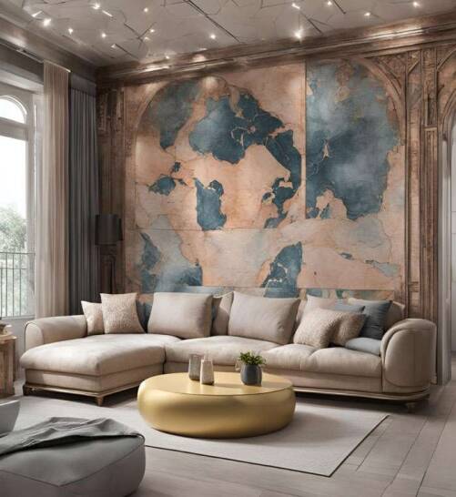 Elegant Vauxhall living room with a stunning marble world map feature wall, plush neutral seating, and soft ambient lighting by Oraanj Interior Design. Elegant Vauxhall living room with a stunning marble world map feature wall, plush neutral seating, and soft ambient lighting by Oraanj Interior Design.