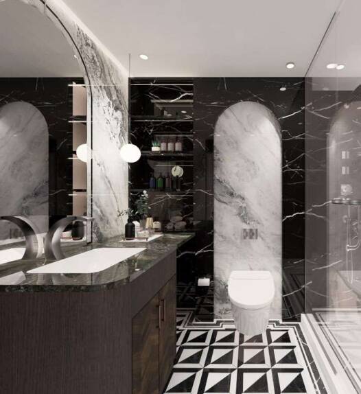 A luxurious black and white marble bathroom in Stanmore, designed by Oraanj Interior Design.