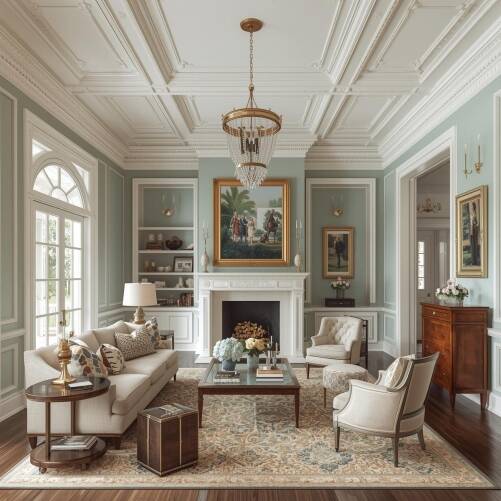 Luxury living room interior design in London Luxury living room interior design in London with chandelier, fireplace, elegant mouldings and tailored furniture